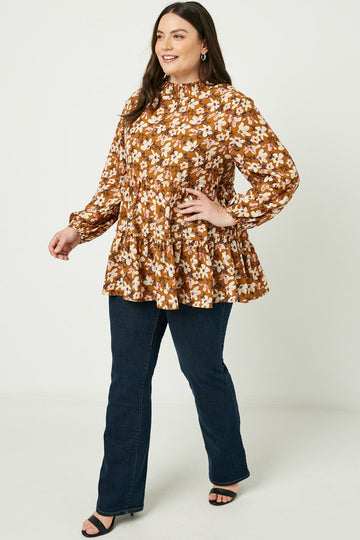 HY2040W Mustard Womens Tie Neck Tiered Tunic Side